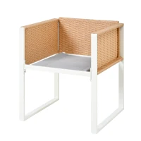 Set da pranzo in polyrattan per 6 persone, piano in vetro temperato, rivestimenti sfoderabili e lavabili, Marrone+Bianco(m-8)