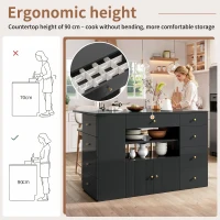 Adjustable Kitchen Island with 2 Stools, 6-Drawer and Generous worktop, Versatile Sideboard with Open Shelves, 140L x 40W x 89H cm, Black(m-6)