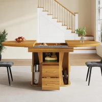 Extendable Dining Table with 3-Tier Hidden Storage and Sliding Rail, Round Kitchen Table for 6 People, 118-158L x 118W x 77H cm, Walnut(m-7)