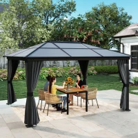 Outsunny 3.6 x 4m Hardtop Gazebo Canopy with Polycarbonate Roof, Aluminium Frame, Permanent Pavilion Garden Gazebo with Netting and Curtains for Patio, Deck, Dark Grey(m-13)