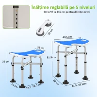 HOMCOM Taburet de duș reglabil pe înălțime cu mâner, șezut căptușit în formă de U și picioare antiderapante, albastru(m-3)