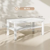 HOMCOM Masă de cafea pentru living, măsuță dreptunghiulară în 2 nivele cu raft de depozitare, 90x45x44,5cm, alb(m-3)
