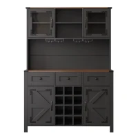 Tall Kitchen Cabinet with Integrated Power Strip and Wine Glass Rack, Stylish Sideboard with Cable Management, 120L x 40W x 170H cm, Black(m-10)