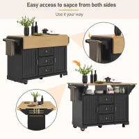 Extendable Kitchen Island with 3 Drawers and Adjustable Shelves, Trolley Cabinet with Double-Sided Drop-Leaf, 120L x 40-80W x 95H cm, Black(m-6)