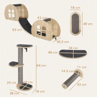 PawHut Cat Wall Shelves, 7 Piece Cat Shelf Set with Dual Condo with Ladder, Jumping Platform, Perch, Sisal Scratching Posts & Board, Kitty Playground Activity Centre, Oak(m-3)