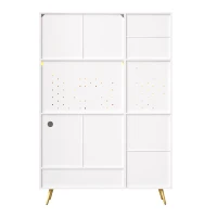 Tall Kitchen Cabinet with Built‑In Power Outlets & 2 USB Ports, Modern Sideboard with App-Controlled LED, 120L x 40W x 176H cm, White(m-12)