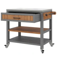 Mobile Wood Tool Cabinet with Stainless Steel Worktop, Weatherproof Barbecue Station for Outdoor Use, 80L x 51W x 91.5H cm, Natural(m-2)