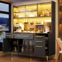 Modern Sideboard with App-Controlled LED Lighting and Music Mode, Tall Cabinet for Kitchen and Living Room, 145L x 39W x 171H cm, Black(m-7)