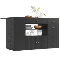 Adjustable Kitchen Island with 2 Stools, 6-Drawer and Generous worktop, Versatile Sideboard with Open Shelves, 140L x 40W x 89H cm, Black(m-11)