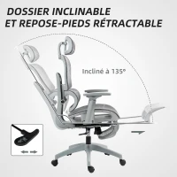 HOMCOM Fauteuil de bureau, chaise de bureau ergonomique en maille avec accoudoirs 3D, dossier inclinable, 66x64x122 cm, gris(m-6)