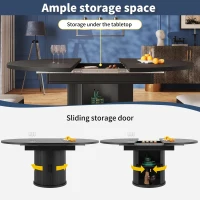 Extendable Dining Table with Curved Sliding Doors and 2 Shelves, Space-Saving Kichen Table for 6 People, 118L x 118W x 76H cm, Black(m-4)