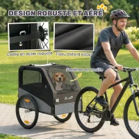 PawHut Remorque Vélo Chien avec Pneus 20", Attache Universelle, Réflecteurs, Drapeau, Laisse, 139x72x88cm, Gris et Noir(m-7)