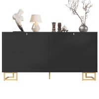 Stylish Sideboard with 2 Doors, 4 Shelves and Geometric Door Design, Durable Cabinet with Slim Metal Feet, 152L x 40W x 75H cm, Black(m-13)