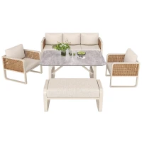 Modular Garden Lounge Set with Thick Elastic Foam Cushions, Versatile Garden Sofa Set with Glass Side Table, 178L x 61W x 76H cm, Beige(m-2)