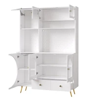 Tall Kitchen Cabinet with Built‑In Power Outlets & 2 USB Ports, Modern Sideboard with App-Controlled LED, 120L x 40W x 176H cm, White(m-11)