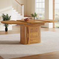 Extendable Dining Table with 3-Tier Hidden Storage and Sliding Rail, Round Kitchen Table for 6 People, 118-158L x 118W x 77H cm, Walnut