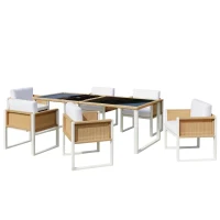 Set da pranzo in polyrattan per 6 persone, piano in vetro temperato, rivestimenti sfoderabili e lavabili, Marrone+Bianco(m-6)
