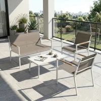 Outsunny 4 Seater Garden Furniture Set with Loveseat, Armchairs, Table, Metal Garden Sofa Set with Breathable Seats, Khaki(m-9)