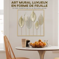 HOMCOM Décoration murale en métal moderne, sculpture murale en métal en forme de feuille, 70 x 70 cm, doré(m-4)