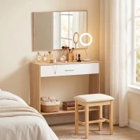 HOMCOM Console meuble + miroir, table console étroite avec tiroir et étagère, style moderne, 91,5 x 27,9 x 85,5 cm, chêne(m-4)