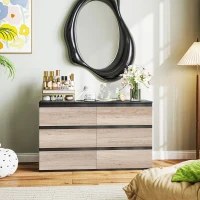HOMCOM Commode 6 tiroirs meuble de rangement sans poignées design minimaliste 120 x 39 x 75 cm noir et bois naturel(m-9)