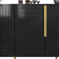 Stylish Sideboard with 2 Doors, 4 Shelves and Geometric Door Design, Durable Cabinet with Slim Metal Feet, 152L x 40W x 75H cm, Black(m-10)