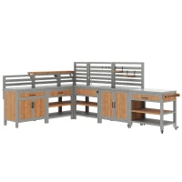 Outdoor BBQ Side Table with Stainless Steel Worktop, Mobile Garden Cabinet with Lockable Castors, 404L x 134.5W x 148.5H cm, Natural(m-14)