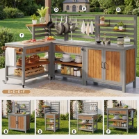 Outdoor BBQ Side Table with Stainless Steel Worktop, Mobile Garden Cabinet with Lockable Castors, 404L x 134.5W x 148.5H cm, Natural(m-9)