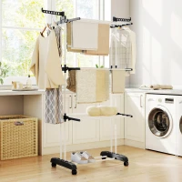 HOMCOM Séchoir étendoir à linge sur roulette pliable ailes latérales intérieure et extérieure 73 x 64 x 177 cm noir argent(m-10)