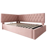 Stylish Upholstered Daybed with Hydraulic Ottoman Storage, L-Shaped Single Sofa Bed with Velvet Fabric, 196L x 100W x 77H cm, Pink(m-13)