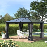 Outsunny 3.6 x 4m Hardtop Gazebo Canopy with Polycarbonate Roof, Aluminium Frame, Permanent Pavilion Garden Gazebo with Netting and Curtains for Patio, Deck, Dark Grey(m-11)