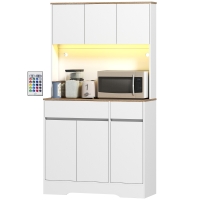 HOMCOM Buffet cuisine meuble cuisine rangement haut avec lumière LED RGB, plan de travail, 6 portes, 2 tiroirs, blanc
