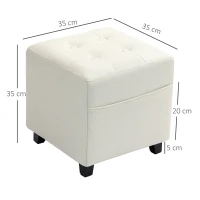 HOMCOM Repose pied salon, ottoman, siège rembourré capitonné en tissu aspect lin avec poche latérale, 35 x 35 x 35 cm, crème(m-3)