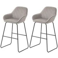 HOMCOM Bar Stools Set of 2, Velvet Upholstered Breakfast Barstools with Footrest and Armrest, Kitchen High Stools with Metal Legs for Home Bar, Kitchen Islands, Grey(m-10)