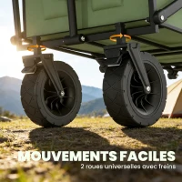 Outsunny Chariot de Jardin Pliable 130L avec Roues, Remorque Robuste avec Freins, Poignée Réglable, vert(m-6)