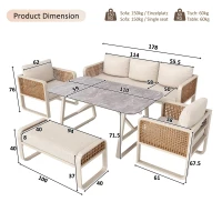 Modular Garden Lounge Set with Thick Elastic Foam Cushions, Versatile Garden Sofa Set with Glass Side Table, 178L x 61W x 76H cm, Beige(m-3)