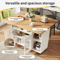 Mobile Kitchen Island with Fold-Down Dining Extensions, Versatile Serving Trolley with Open Shelves, 120L x 30-70W x 79.5H cm, White(m-4)