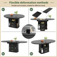Extendable Dining Table with 3-Tier Hidden Storage and Oval Extension, Round Kitchen Table for 6 People, 118-158L x 118W x 77H cm, Black(m-6)