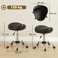 HOMCOM Taboret Salonowy z Siedziskiem Siodłowym, Regulowany, Ekoskóra, 48x48x54-69cm, Czarny(m-3)