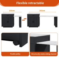 Extendable Bar Table with 2 Drawers and 4 Compartments, Expandable Kitchen Island for 2–6 People, 133-202L x 70W x 93.5H cm, Black(m-6)