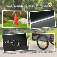 PawHut Remorque Vélo Chien avec Pneus 20", Attache Universelle, Réflecteurs, Drapeau, Laisse, 139x72x88cm, Gris et Noir(m-8)