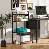 HOMCOM Support d'imprimante 4 niveaux avec prises de courant, roulettes et étagères de rangement, cadre en métal, brun rustique(m-10)