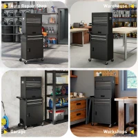 HOMCOM Rollbarer Werkzeugschrank, 6 Schubladen, 2 Schränke, Stahl, verschließbar, Schwarz(m-9)