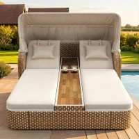 Outdoor Wicker Double Chaise Lounge with Openable Adjustable Canopy, Modern Garden Furniture Set for Patio, 160L x 192W x 137H cm, Beige(m-1)