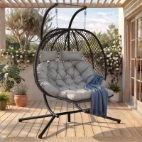 Eiförmiger Hängesessel mit Ständer, Schaukelstuhl mit verstellbarer Fußstütze, Gartenhängstuhl mit Sitzauflage & Kissen, 140 x 94 x 197 cm, Grau(m-5)