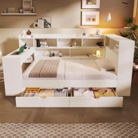 Multi-Functional Single Daybed with Bookcase & Computer Desk, Space-Saving Bed Frame with Ergonomic Desk, 63L x 114W x 100H cm, White(m-7)
