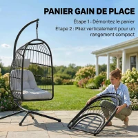 Outsunny Fauteuil Œuf Suspendu Pliable avec Support Coussin 15cm et Appui-tête Gain de Place Résine Tressée 101x105x196cm Gris(m-5)