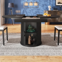 Extendable Dining Table with Curved Sliding Doors and 2 Shelves, Space-Saving Kichen Table for 6 People, 118L x 118W x 76H cm, Black