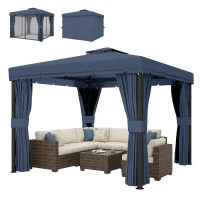 Outsunny 3 x 3(m) Patio Gazebo Canopy Garden Pavilion Tent Shelter Marquee with 2 Tier Roof, Netting and Curtains, Dark Blue(m-11)