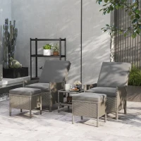 Outsunny 5 Piece Rattan Garden Furniture Set, Wicker Patio Sofa Set with 2 Armchairs, 2 Footstools, Glass Top Coffee Table with Shelf, Outdoor Furniture with Adjustable Backrests, Cushions, Dark Grey(m-2)